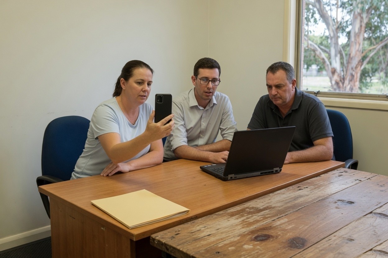 Three colleagues in a modest office, one holding a phone, gathered at a timber desk.