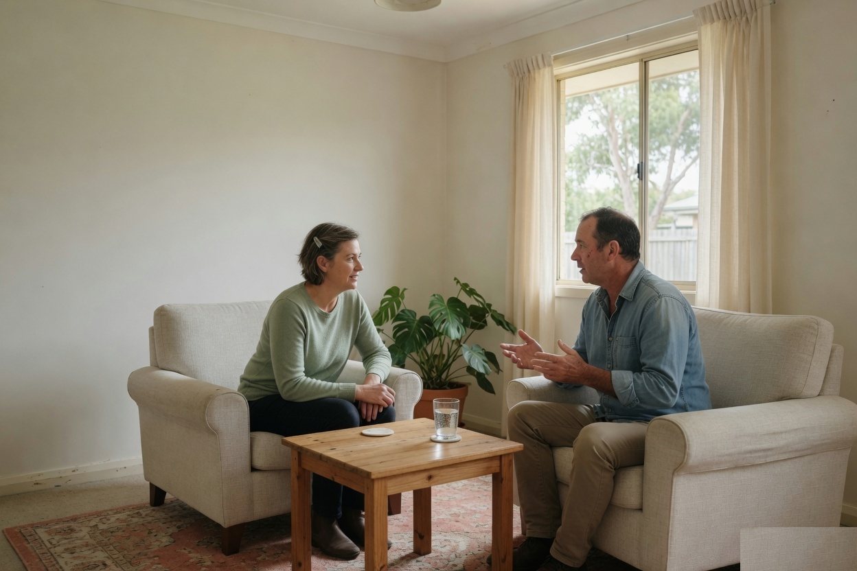 Two adults talking in a quiet room with daylight, armchairs, and a small timber table.